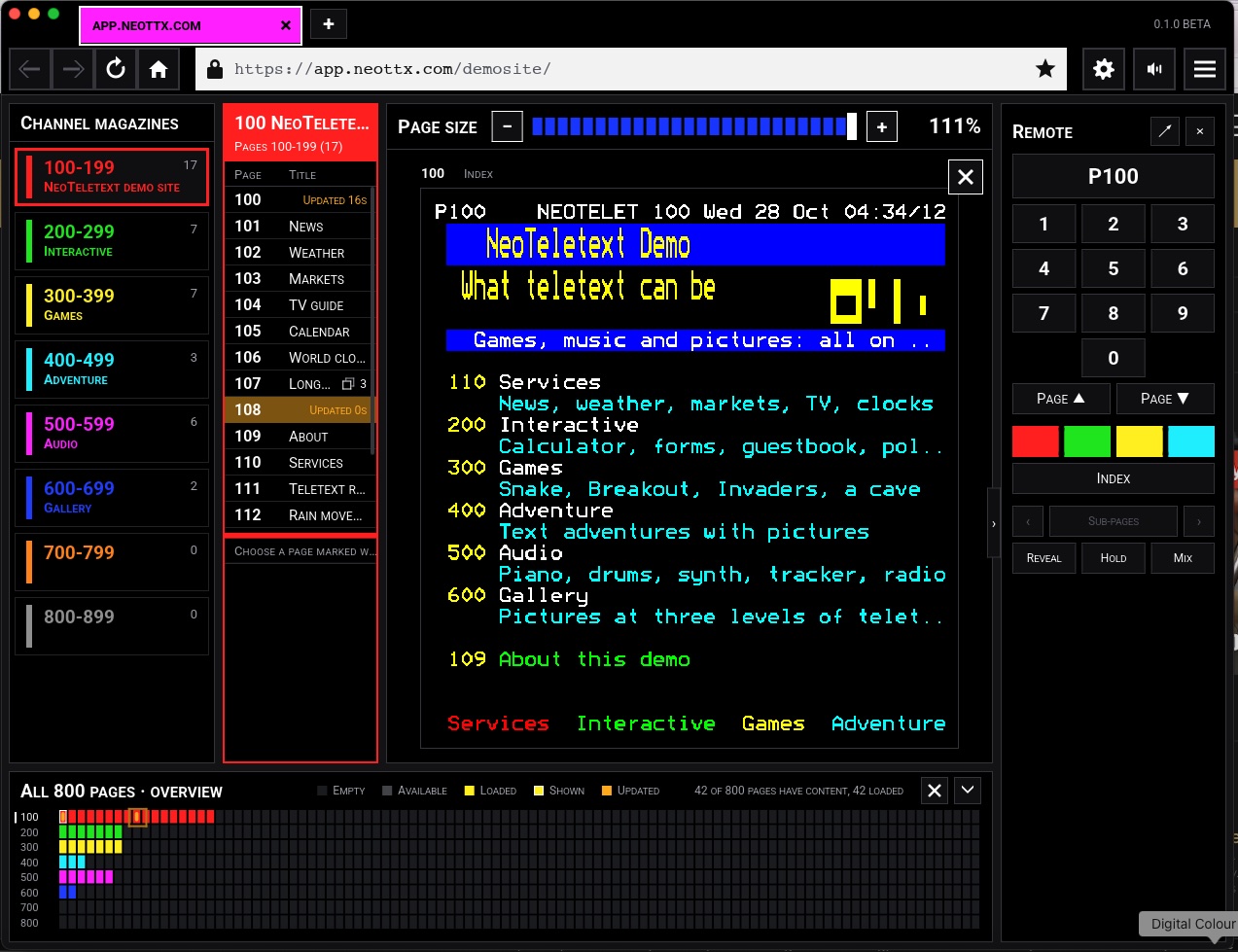 The NeoTeletext window on macOS: a list of the channel's magazines, the pages of magazine 1, page 100 of the NeoTeletext demo channel, a remote control with digits and the four Fastext keys, and an overview of all 800 pages.